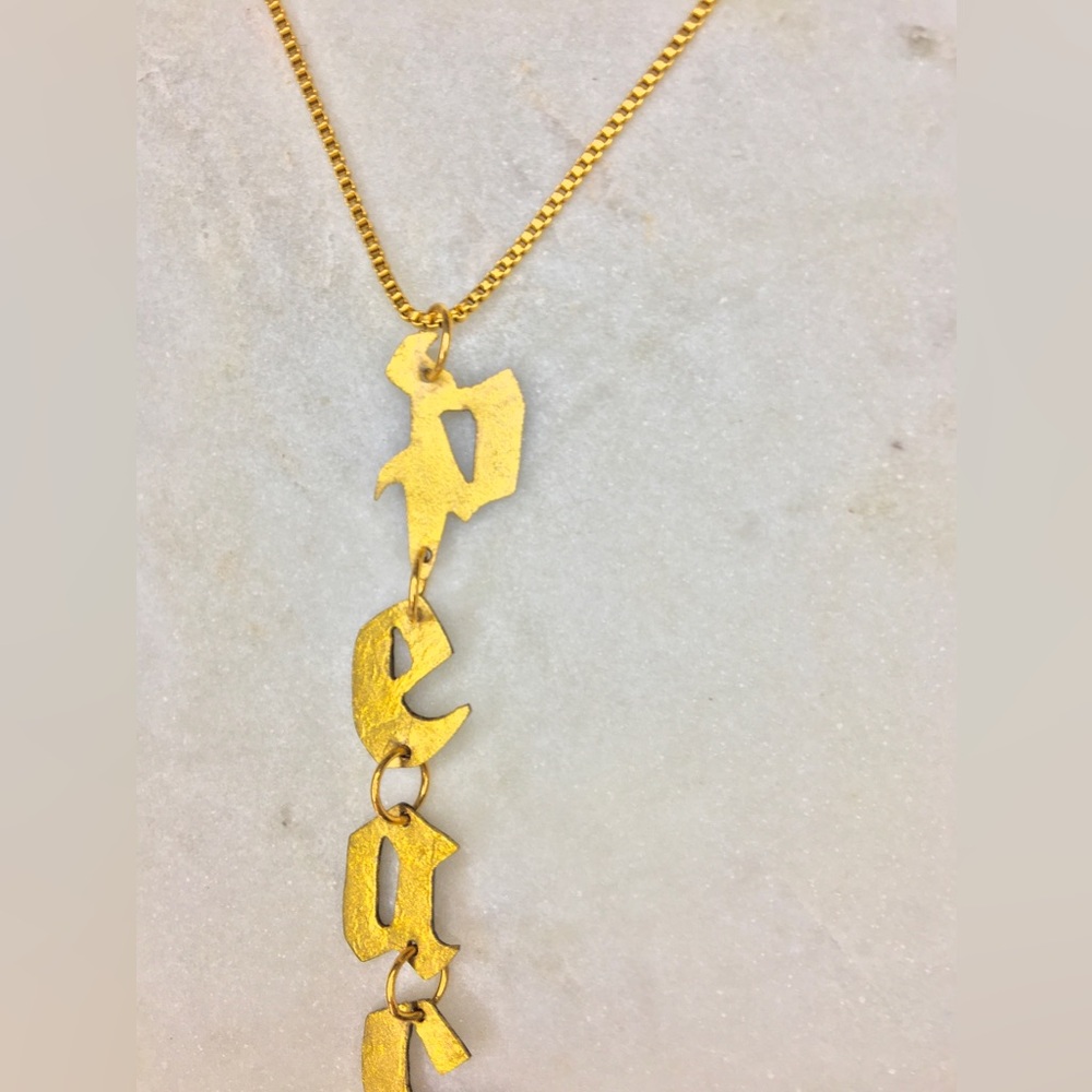 Gold Peace Necklace, handcrafted peace gold tone pendant w/24k gold plated chain - Picture 2 of 15